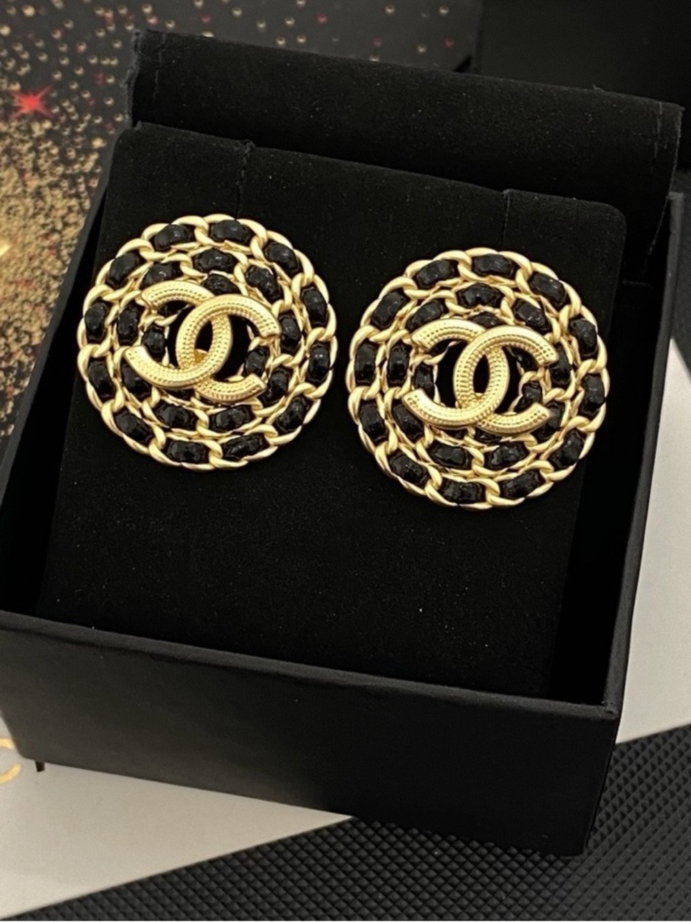 Double C Black Leather And Gold - Tone Logo Earrings For Pierced Ears